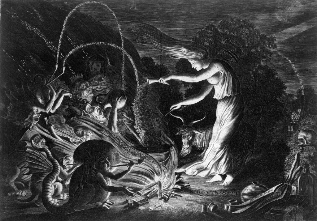 A witch at her cauldron surrounded by monsters. Etching by Jan van de Velde II, 1626
