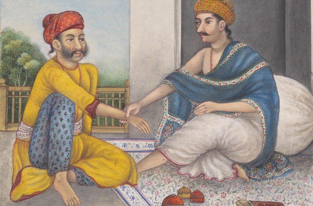 Watercolour of an Ayurvedic medical practitioner taking the pulse of a patient